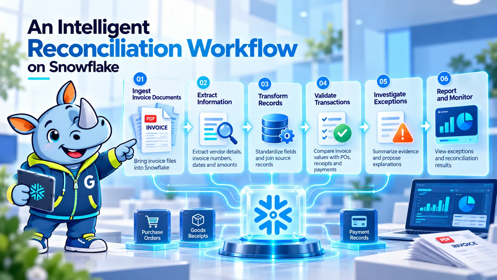 An intelligent reconciliation workflow on Snowflake: ingest invoice documents, extract information, transform records, validate transactions, investigate exceptions, then report and monitor